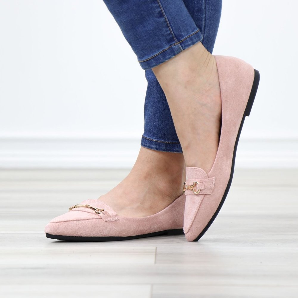 Pink Faux Suede Pointed Toe No Heel Flat Loafers Shoe Gold Accent Decor Slip On - Picture 10 of 14